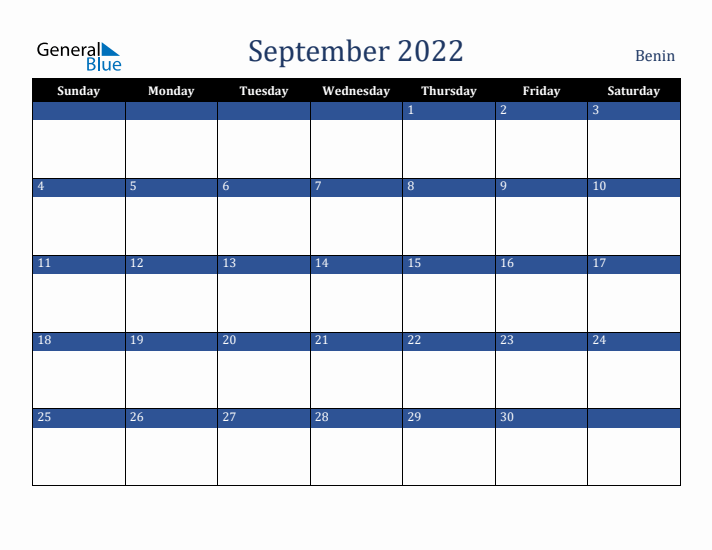 September 2022 Benin Calendar (Sunday Start)