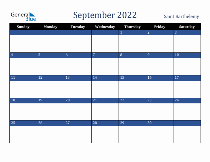 September 2022 Saint Barthelemy Calendar (Sunday Start)
