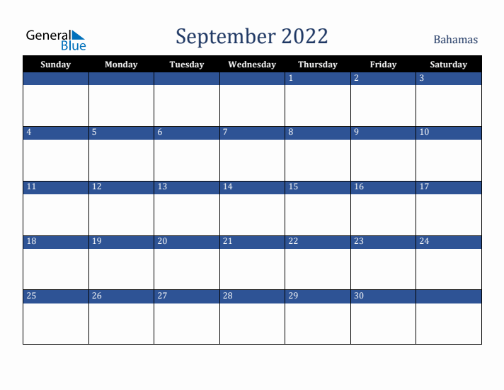 September 2022 Bahamas Calendar (Sunday Start)