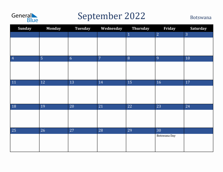 September 2022 Botswana Calendar (Sunday Start)