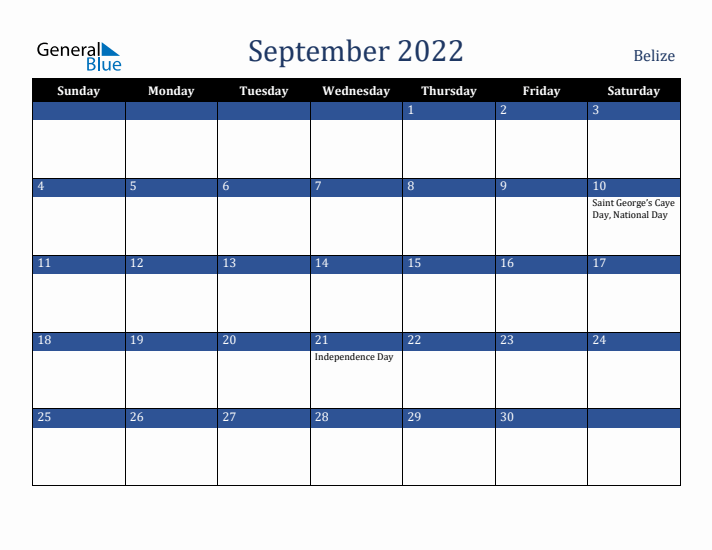 September 2022 Belize Calendar (Sunday Start)