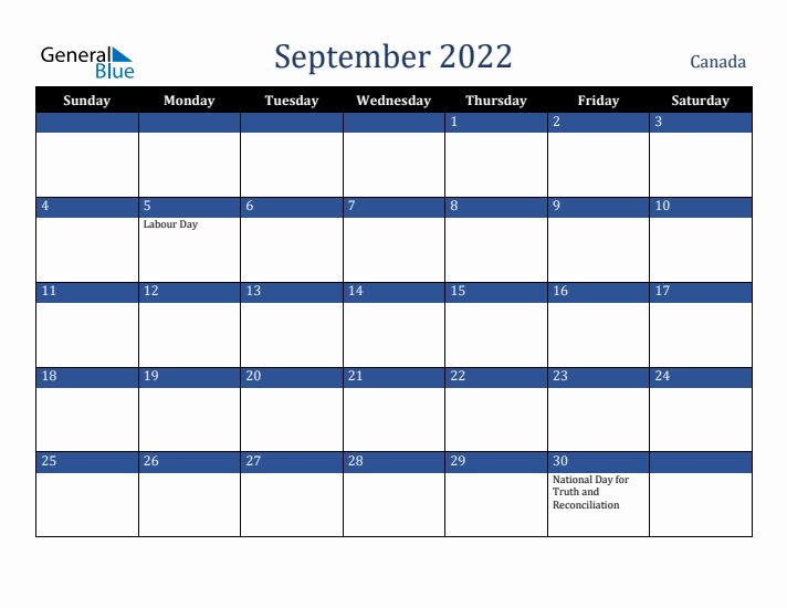 September 2022 Canada Calendar (Sunday Start)