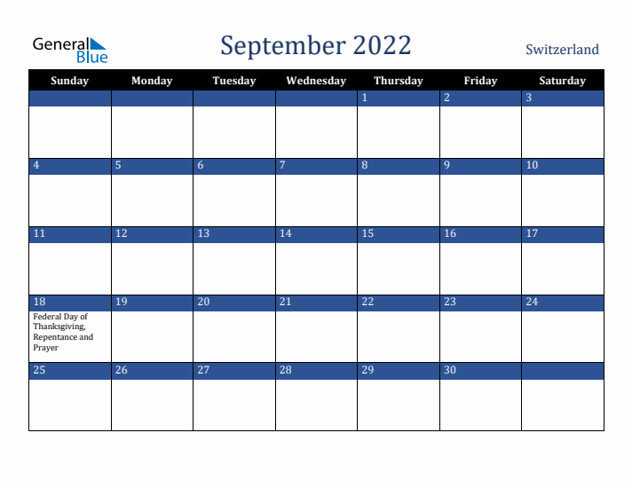 September 2022 Switzerland Calendar (Sunday Start)