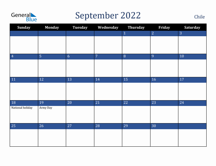 September 2022 Chile Calendar (Sunday Start)