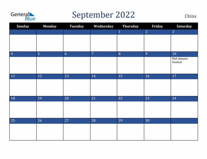 September 2022 China Calendar (Sunday Start)