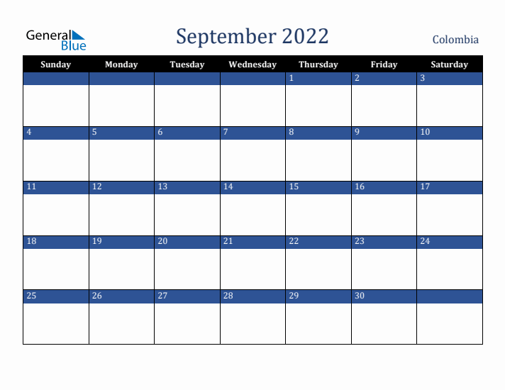 September 2022 Colombia Calendar (Sunday Start)