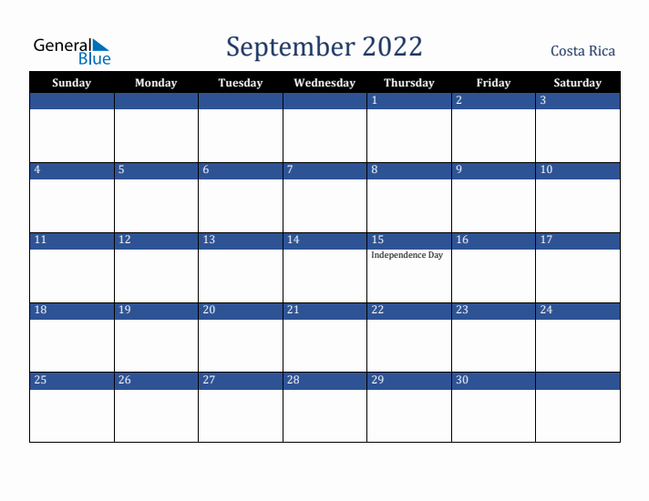 September 2022 Costa Rica Calendar (Sunday Start)