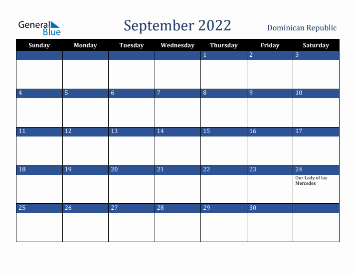 September 2022 Dominican Republic Calendar (Sunday Start)