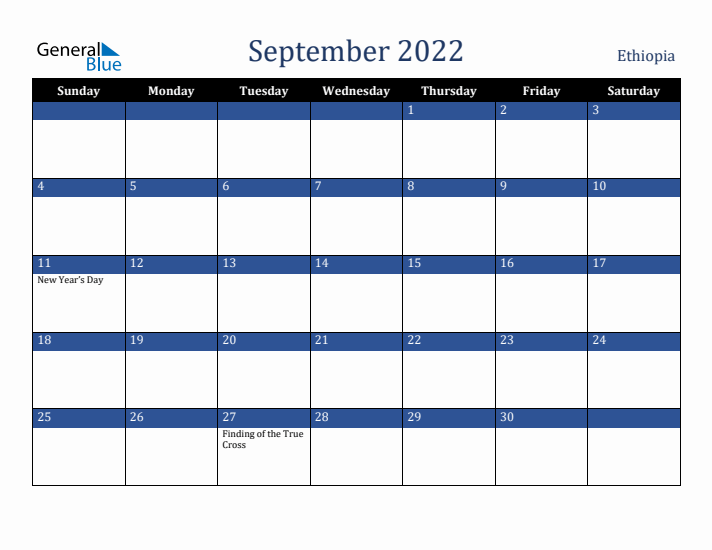 September 2022 Ethiopia Calendar (Sunday Start)