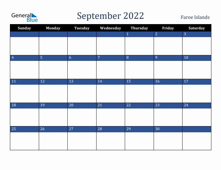 September 2022 Faroe Islands Calendar (Sunday Start)