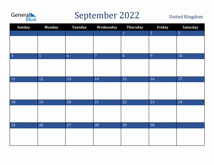 September 2022 United Kingdom Calendar (Sunday Start)