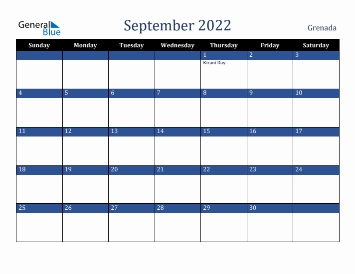 September 2022 Grenada Calendar (Sunday Start)
