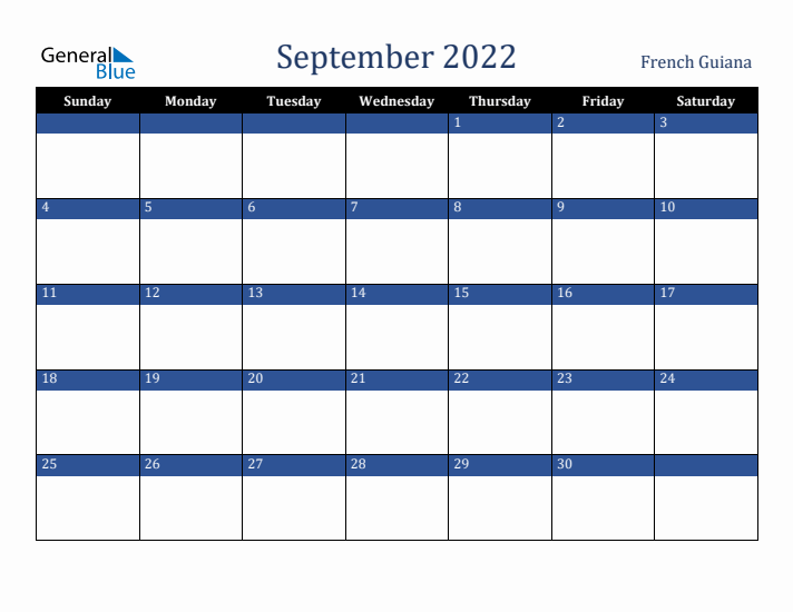 September 2022 French Guiana Calendar (Sunday Start)
