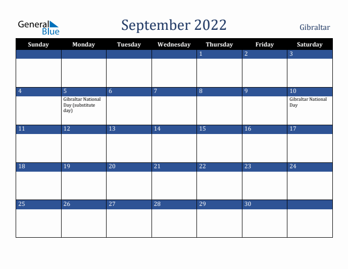 September 2022 Gibraltar Calendar (Sunday Start)