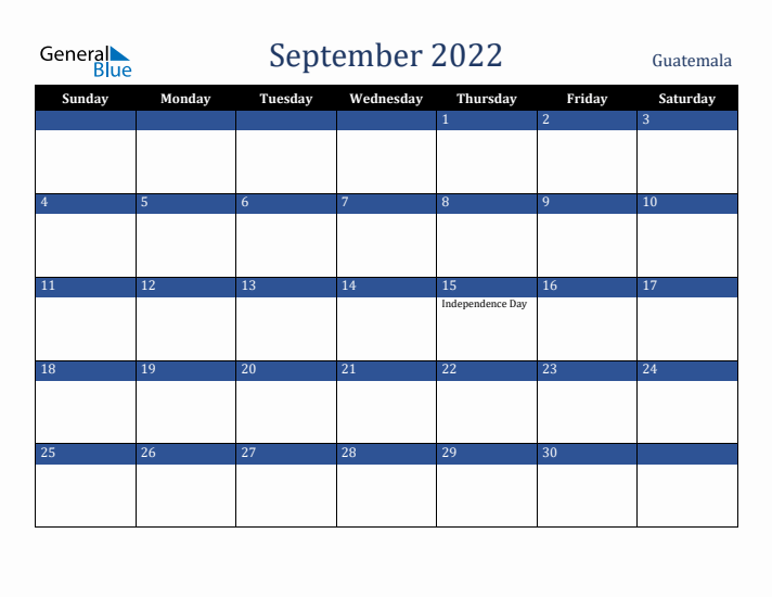 September 2022 Guatemala Calendar (Sunday Start)