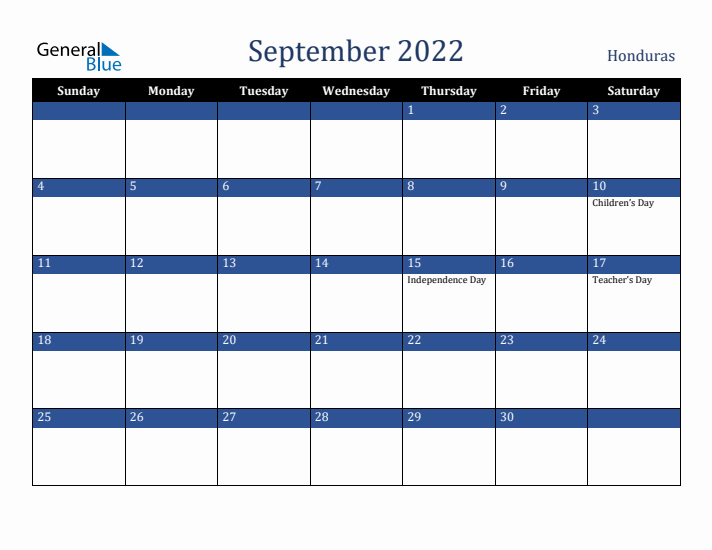 September 2022 Honduras Calendar (Sunday Start)