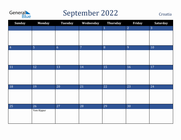 September 2022 Croatia Calendar (Sunday Start)