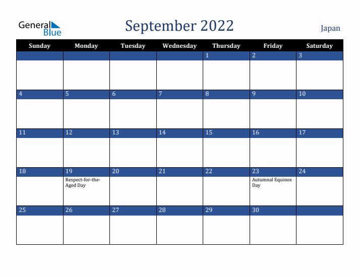 September 2022 Japan Calendar (Sunday Start)