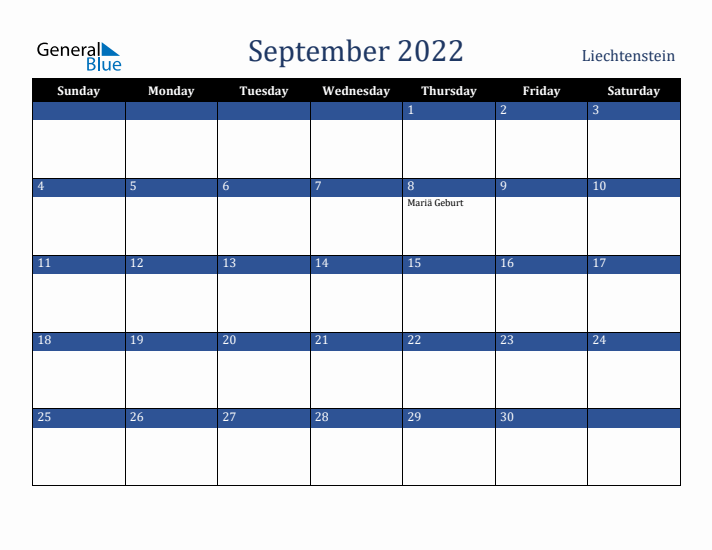 September 2022 Liechtenstein Calendar (Sunday Start)