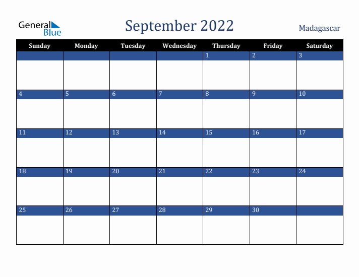 September 2022 Madagascar Calendar (Sunday Start)