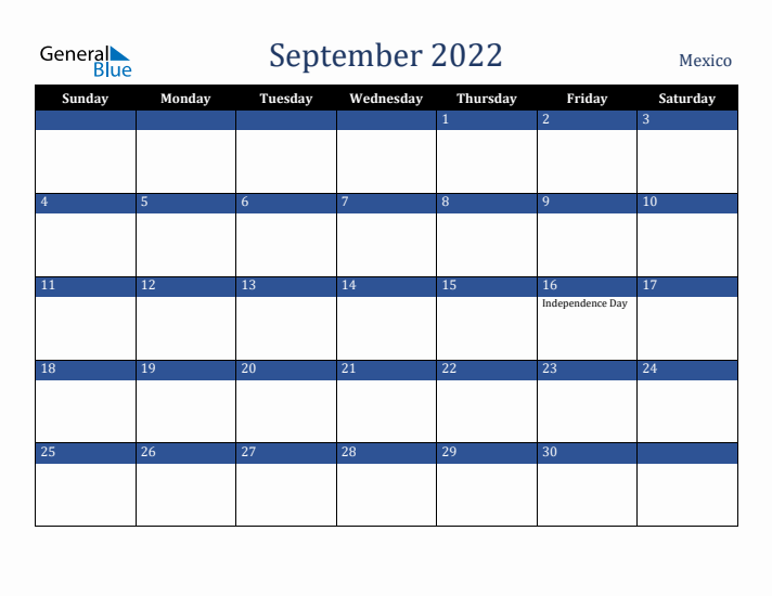 September 2022 Mexico Calendar (Sunday Start)