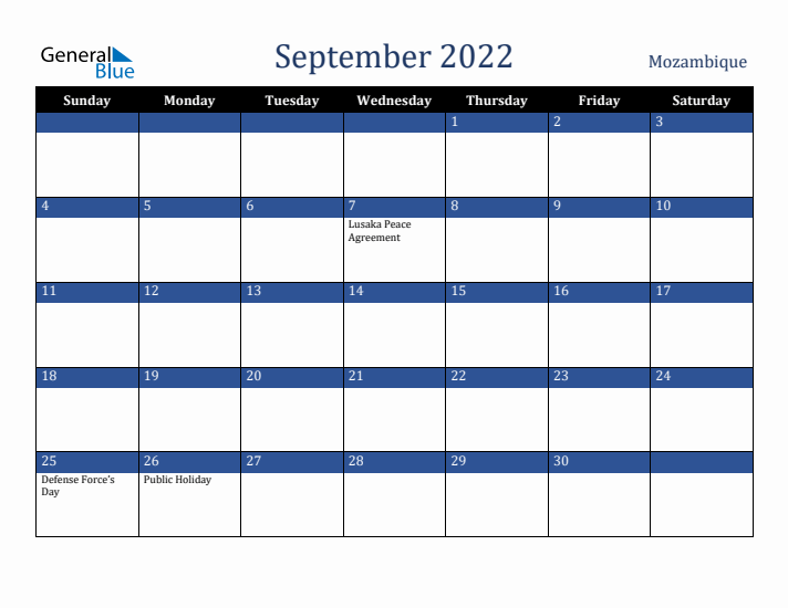 September 2022 Mozambique Calendar (Sunday Start)