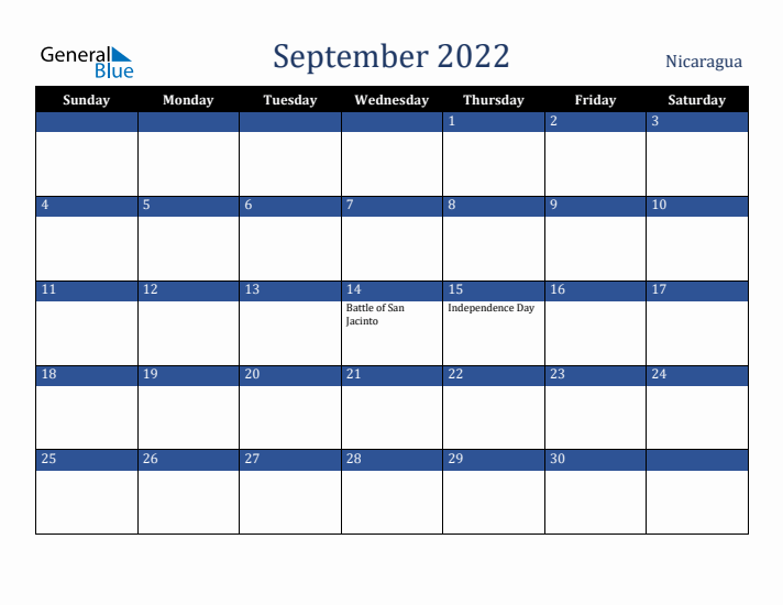 September 2022 Nicaragua Calendar (Sunday Start)