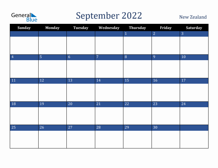September 2022 New Zealand Calendar (Sunday Start)