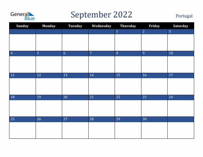 September 2022 Portugal Calendar (Sunday Start)