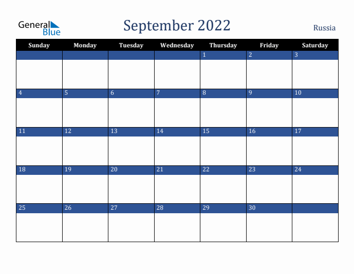 September 2022 Russia Calendar (Sunday Start)