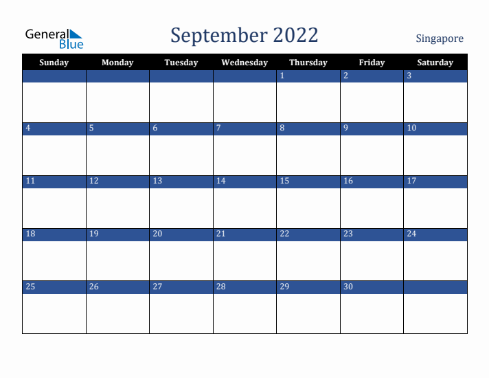 September 2022 Singapore Calendar (Sunday Start)