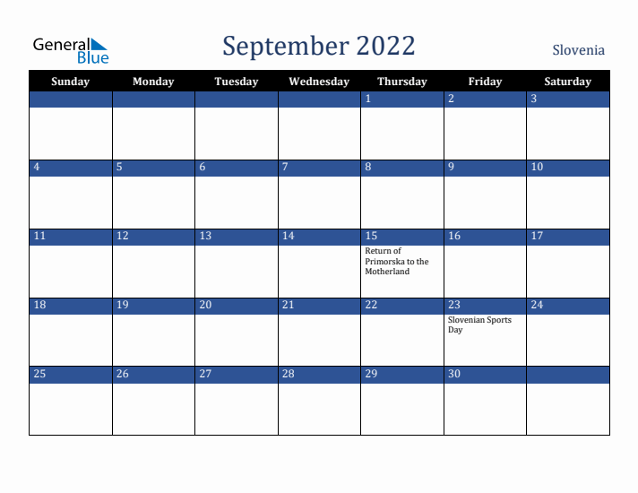 September 2022 Slovenia Calendar (Sunday Start)