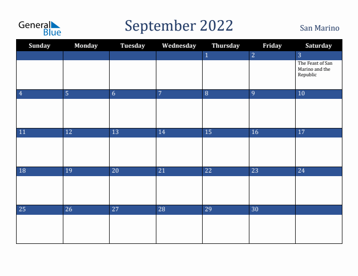 September 2022 San Marino Calendar (Sunday Start)