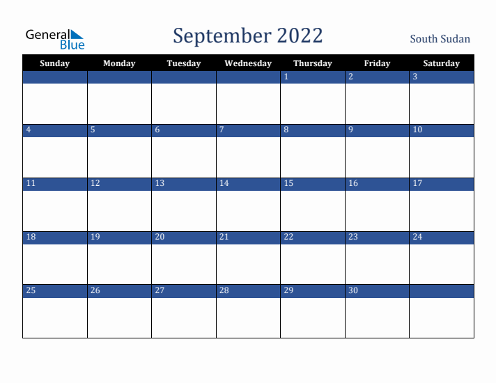 September 2022 South Sudan Calendar (Sunday Start)