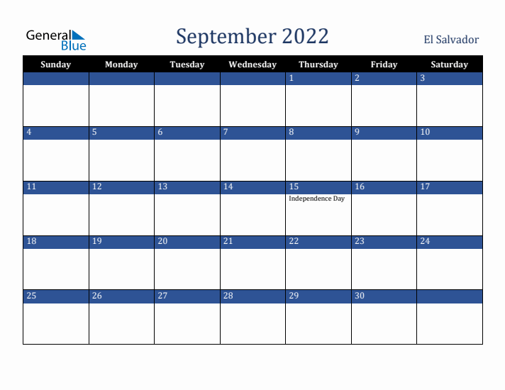 September 2022 El Salvador Calendar (Sunday Start)