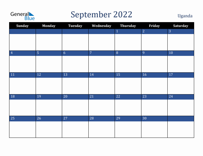 September 2022 Uganda Calendar (Sunday Start)