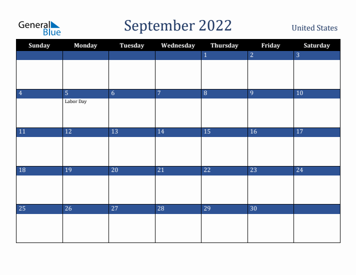 September 2022 United States Calendar (Sunday Start)