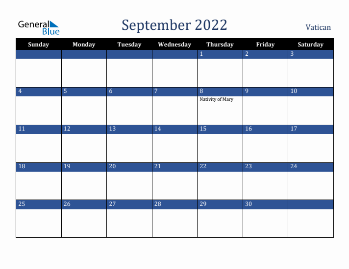 September 2022 Vatican Calendar (Sunday Start)