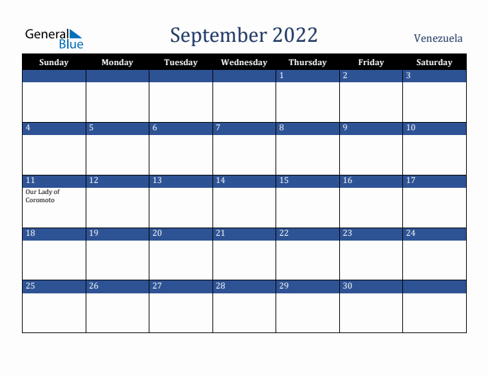 September 2022 Venezuela Calendar (Sunday Start)