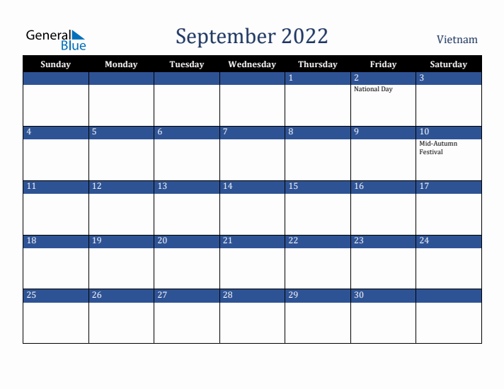 September 2022 Vietnam Calendar (Sunday Start)