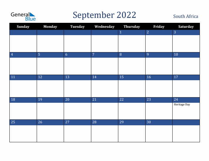 September 2022 South Africa Calendar (Sunday Start)