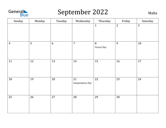 Sep 2022 Calendar Malta September 2022 Calendar With Holidays