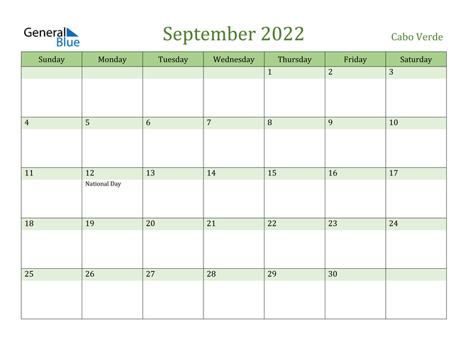 September 2022 Calendar with Cabo Verde Holidays