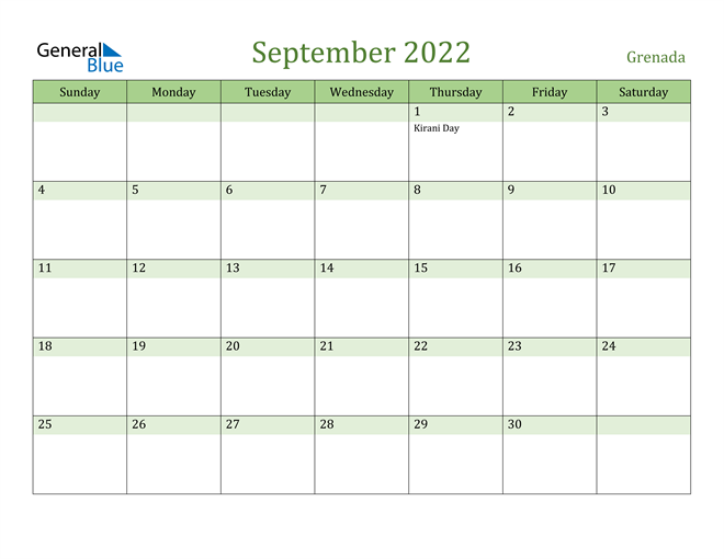 September 2022 Calendar with Grenada Holidays