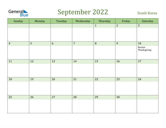 South Korea September 2022 Calendar With Holidays