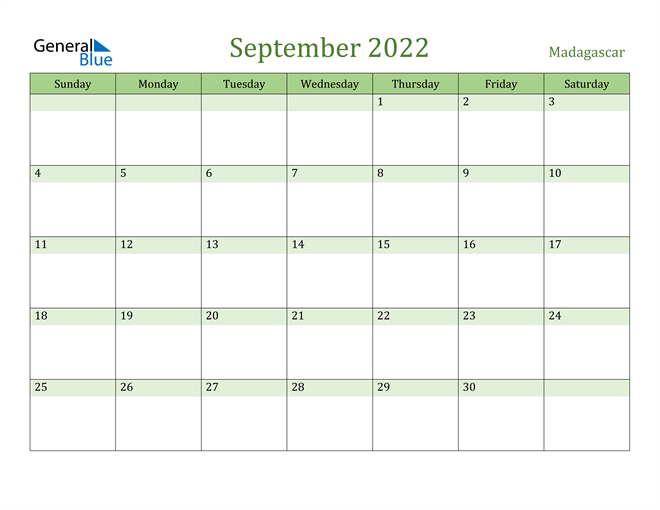 September 2022 Calendar with Madagascar Holidays
