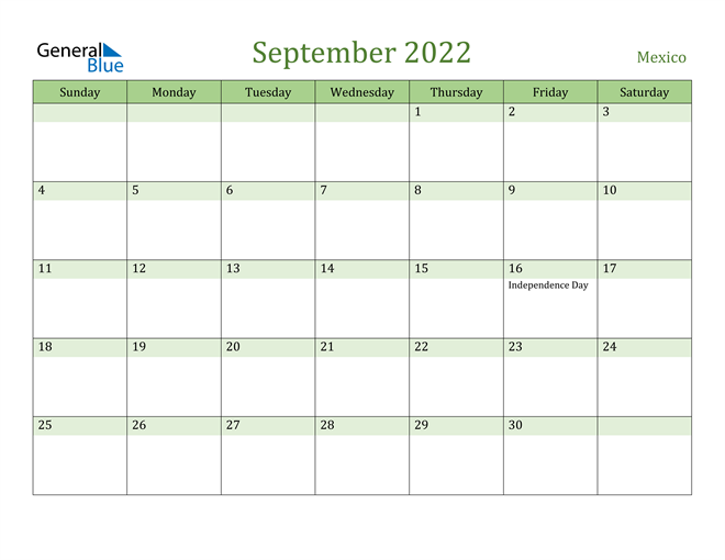 September 2022 Calendar with Mexico Holidays