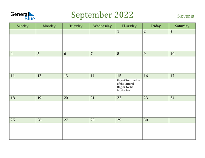 September 2022 Calendar with Slovenia Holidays