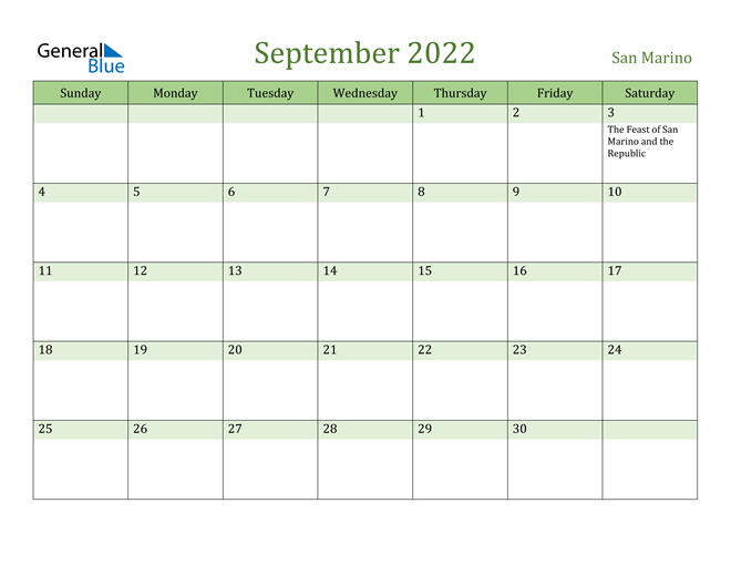 September 2022 Calendar with San Marino Holidays