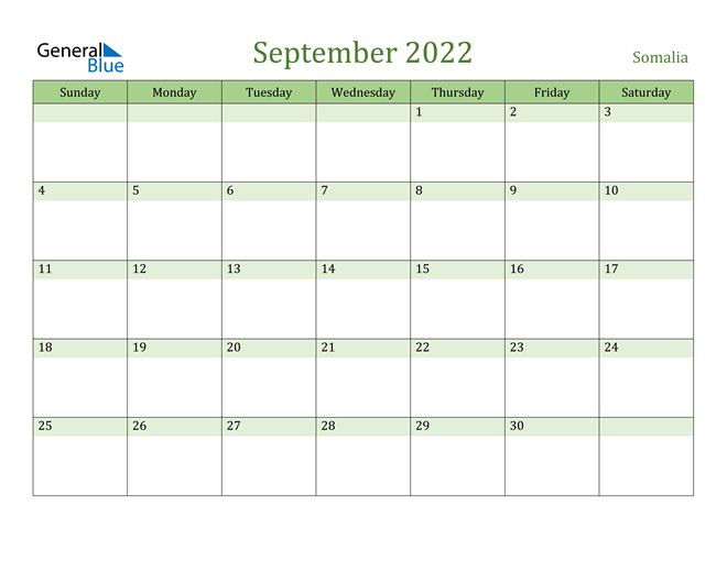 September 2022 Calendar with Somalia Holidays